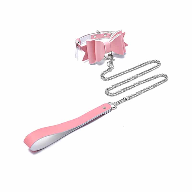 Prettybows Soft Lamb Leather Collar Leash Set – Pink/White Leather & Silver Alloy