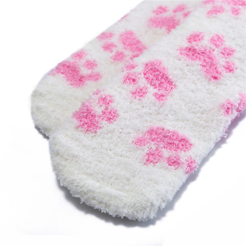 Cute Coral Fleece Thigh High Long Paws Patten Socks 2 Pairs-Pink Paws