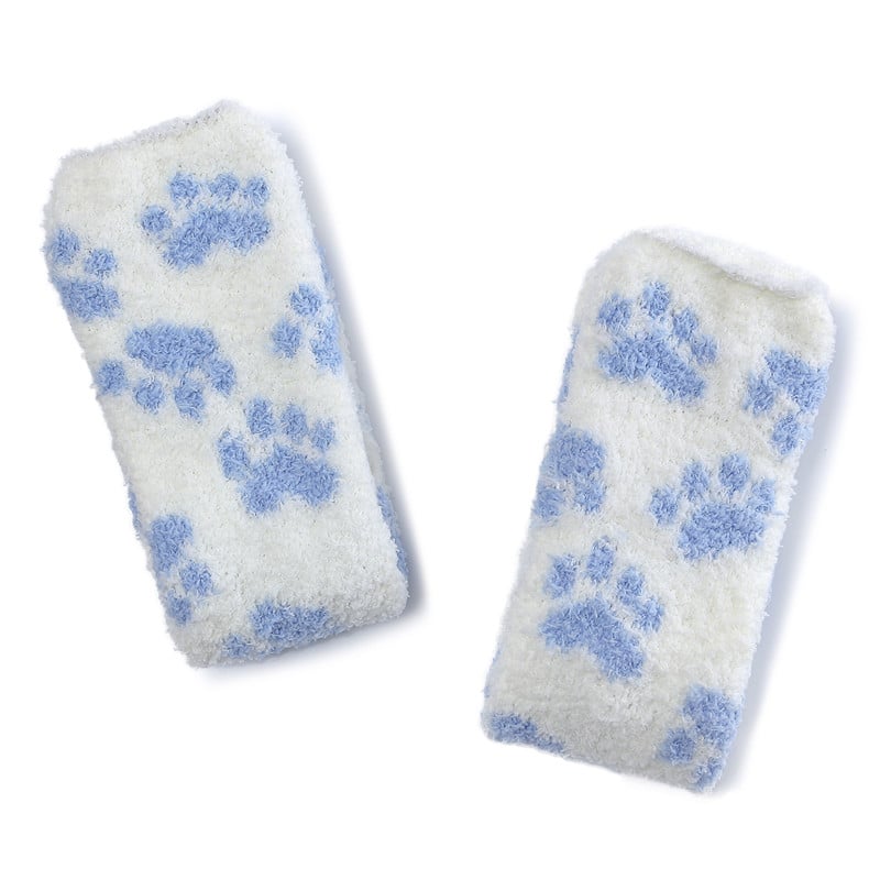 Cute Coral Fleece Thigh High Long Paws Patten Socks 2 Pairs-Blue Paws