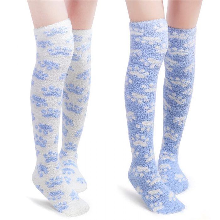 Cute Coral Fleece Thigh High Long Paws Patten Socks 2 Pairs-Blue Paws ...