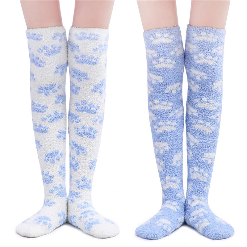 Cute Coral Fleece Thigh High Long Paws Patten Socks 2 Pairs-Blue Paws