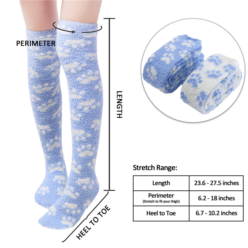 Cute Coral Fleece Thigh High Long Paws Patten Socks 2 Pairs-Blue Paws