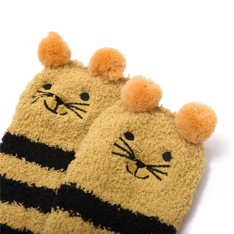 Cute Animal Coral Fleece Thigh High Long Striped Socks 2 Pairs-Brown Cat& Darkblue Bear