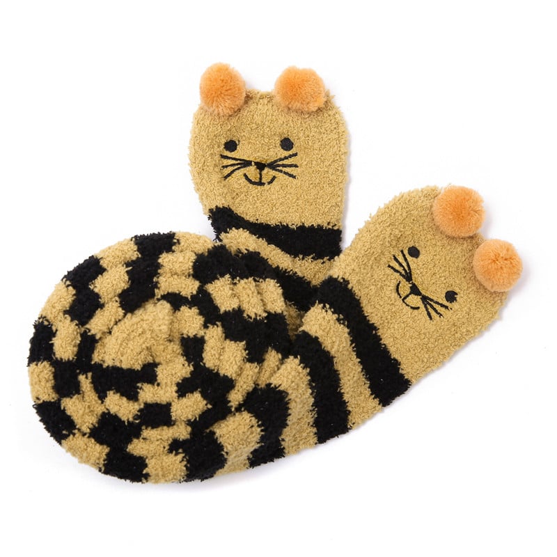 Cute Animal Coral Fleece Thigh High Long Striped Socks 2 Pairs-Brown Cat& Darkblue Bear