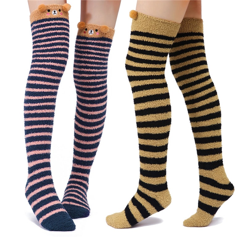 Cute Animal Coral Fleece Thigh High Long Striped Socks 2 Pairs-Brown Cat& Darkblue Bear