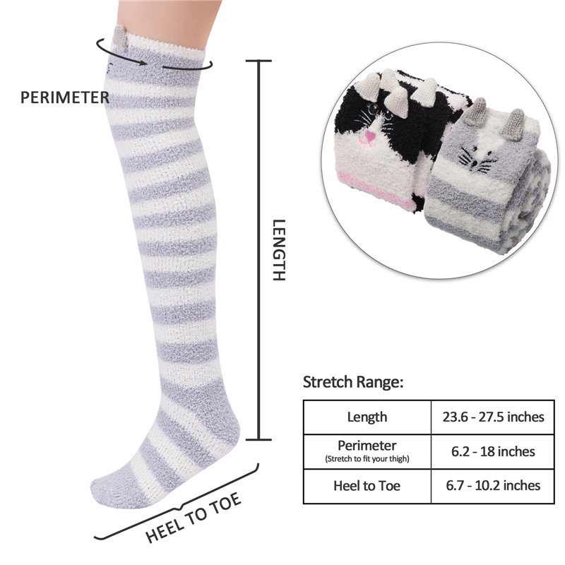 Cute Animal Coral Fleece Thigh High Long Striped Socks 2 Pairs-Grey Cat&Black Cat