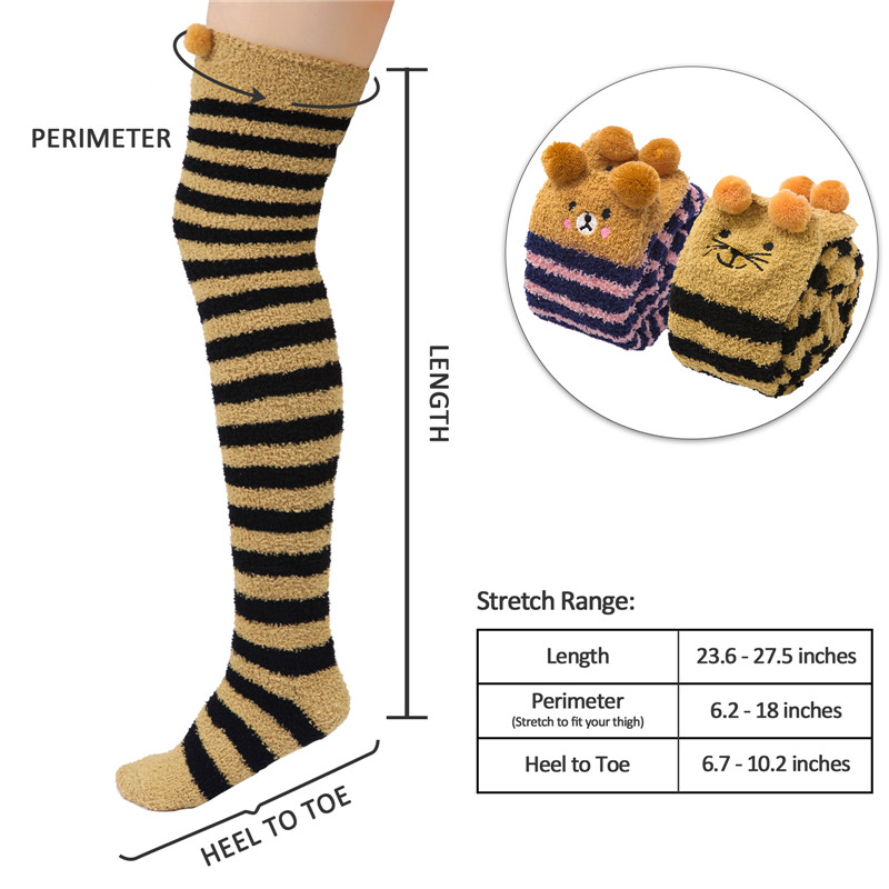Cute Animal Coral Fleece Thigh High Long Striped Socks 2 Pairs-Brown Cat& Darkblue Bear