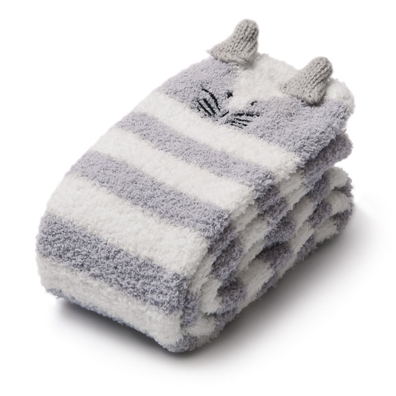 Cute Animal Coral Fleece Thigh High Long Striped Socks 2 Pairs-Grey Cat&Black Cat