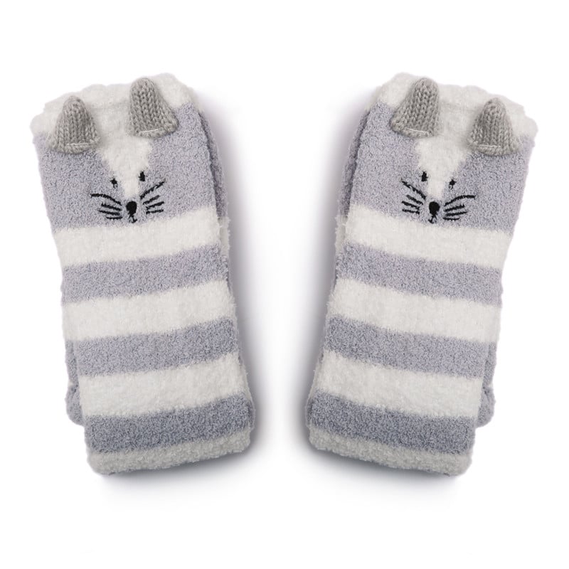 Cute Animal Coral Fleece Thigh High Long Striped Socks 2 Pairs-Grey Cat&Black Cat