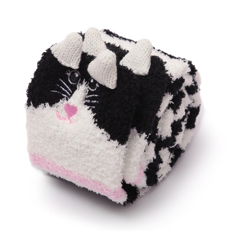 Cute Animal Coral Fleece Thigh High Long Striped Socks 2 Pairs-Grey Cat&Black Cat