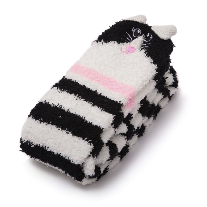 Cute Animal Coral Fleece Thigh High Long Striped Socks 2 Pairs-Grey Cat&Black Cat