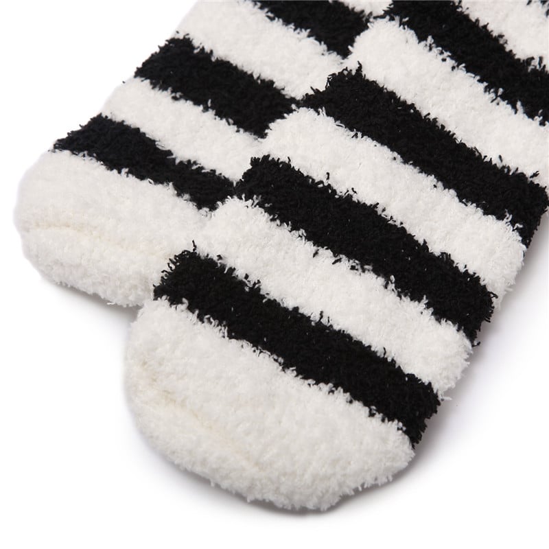 Cute Animal Coral Fleece Thigh High Long Striped Socks 2 Pairs-Grey Cat&Black Cat