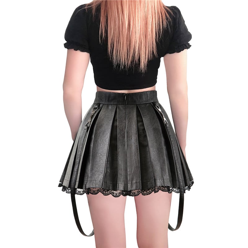 Troublemaker Pleated Faux Leather Skirt-Black