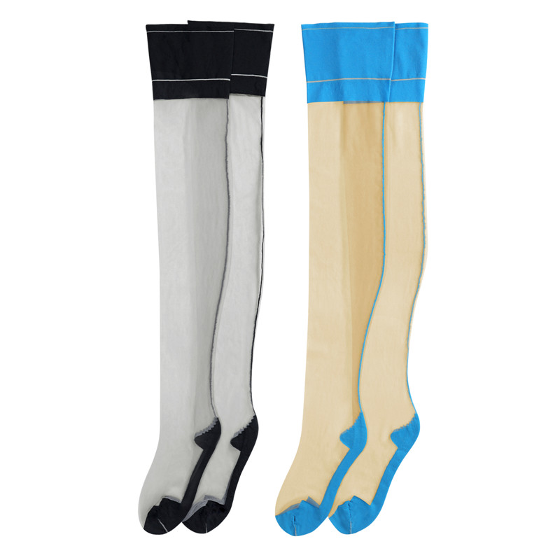 Vintage Backseam Thigh High Sheer Silk Stockings with Blue & Black Cuffs