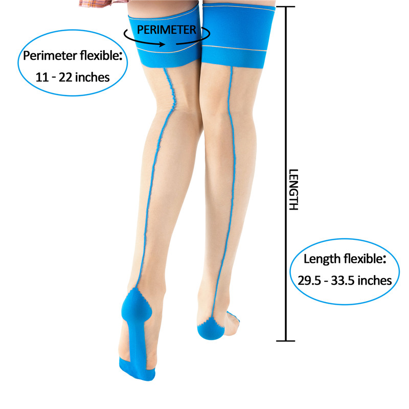 Vintage Backseam Thigh High Sheer Silk Stockings with Blue & Black Cuffs