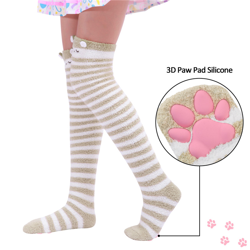 3D Paw Pad Knee High Coral Fleece Socks
