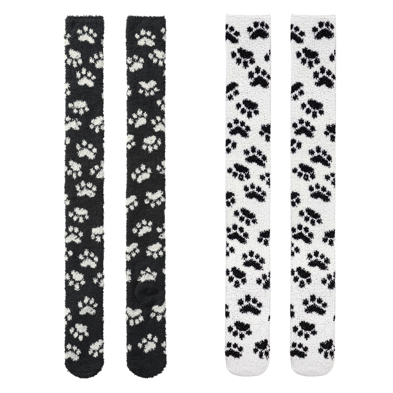 Cute Coral Fleece Thigh High Long Paws Patten Socks 2 Pairs-Black Paws
