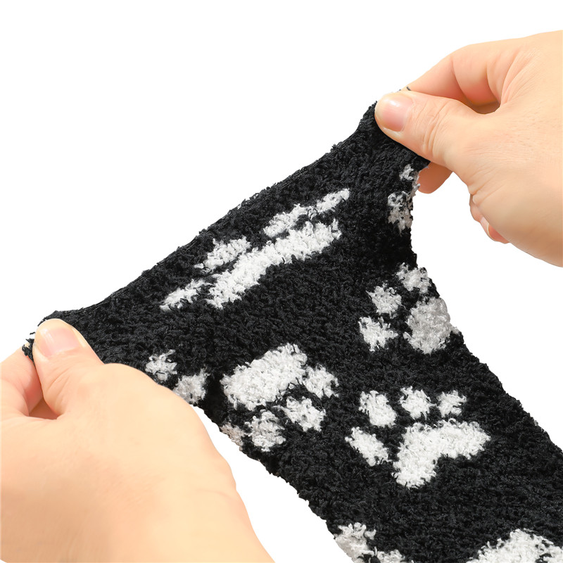 Cute Coral Fleece Thigh High Long Paws Patten Socks 2 Pairs-Black Paws