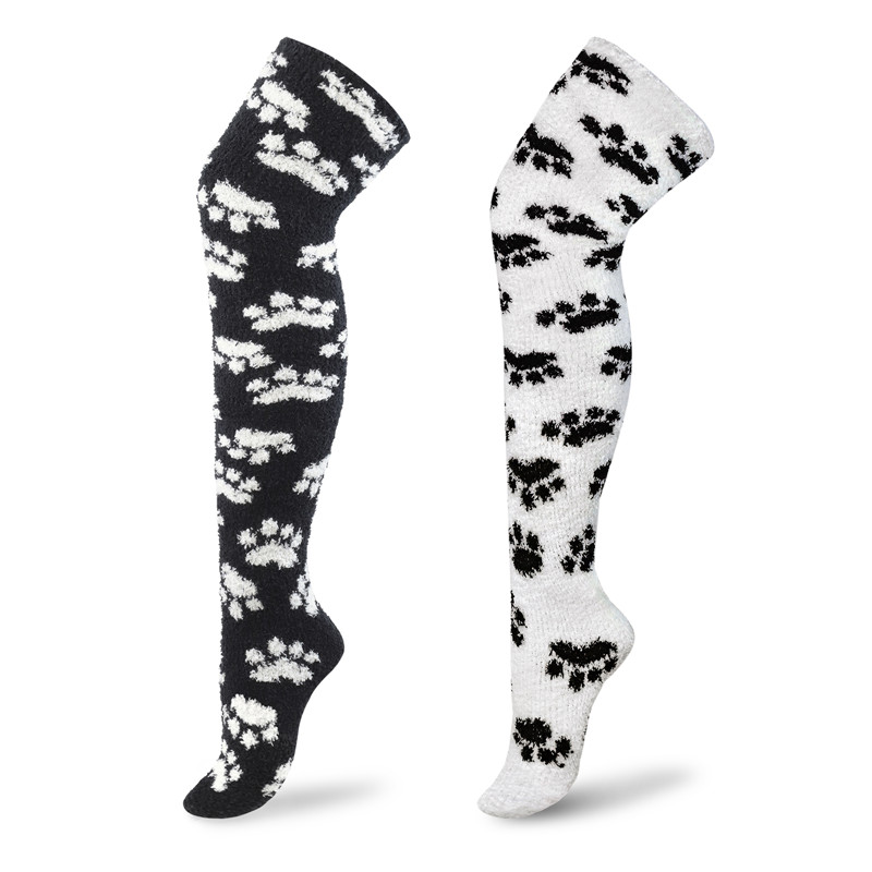 Cute Coral Fleece Thigh High Long Paws Patten Socks 2 Pairs-Black Paws
