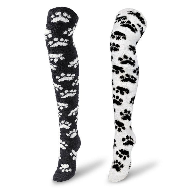 Cute Coral Fleece Thigh High Long Paws Patten Socks 2 Pairs-Black Paws