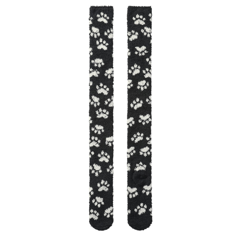 Cute Coral Fleece Thigh High Long Paws Patten Socks 2 Pairs-Black Paws