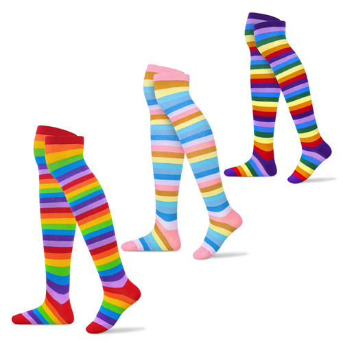 Striped Tube Thigh High Socks 3 Pairs Set