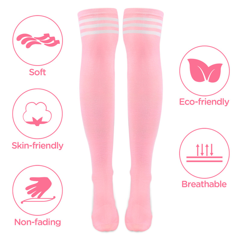Knee High School Girl Long Striped Tube Socks – White & Pink