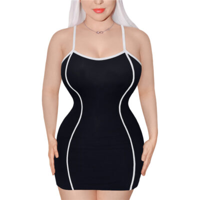 Retro Patch Adjustable Striped Bodycon Mini Dress Black