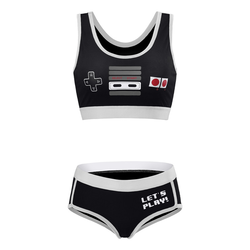 Let&apos;s Play GamerGirl Cosplay Bralette 2 Piece Sportsbra Boyshort Loungewear Set Black