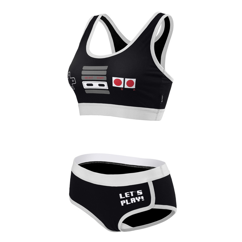 Let&apos;s Play GamerGirl Cosplay Bralette 2 Piece Sportsbra Boyshort Loungewear Set Black