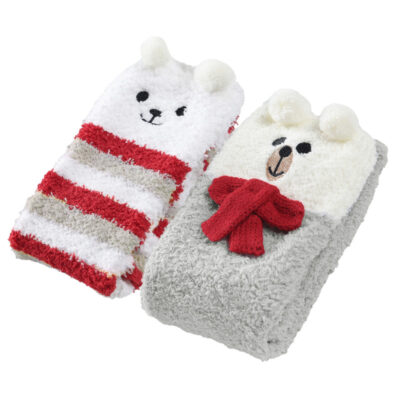 Cute Coral Fleece Thigh High Socks 2 Pairs Set - Scarf Bear & Red Stripe Bear