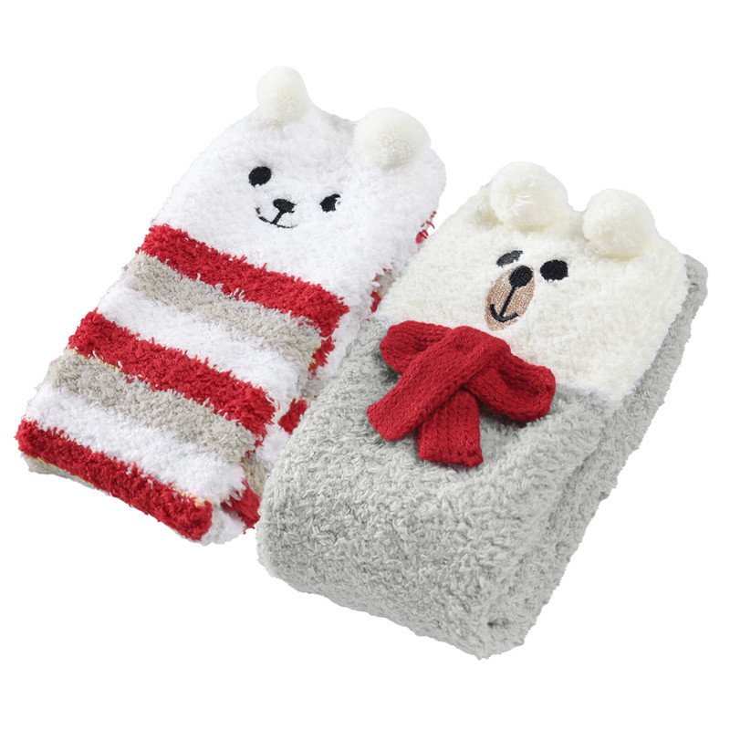 Cute Coral Fleece Thigh High Socks 2 Pairs Set – Scarf Bear & Red Stripe Bear