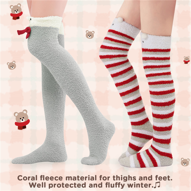 Cute Coral Fleece Thigh High Socks 2 Pairs Set – Scarf Bear & Red Stripe Bear