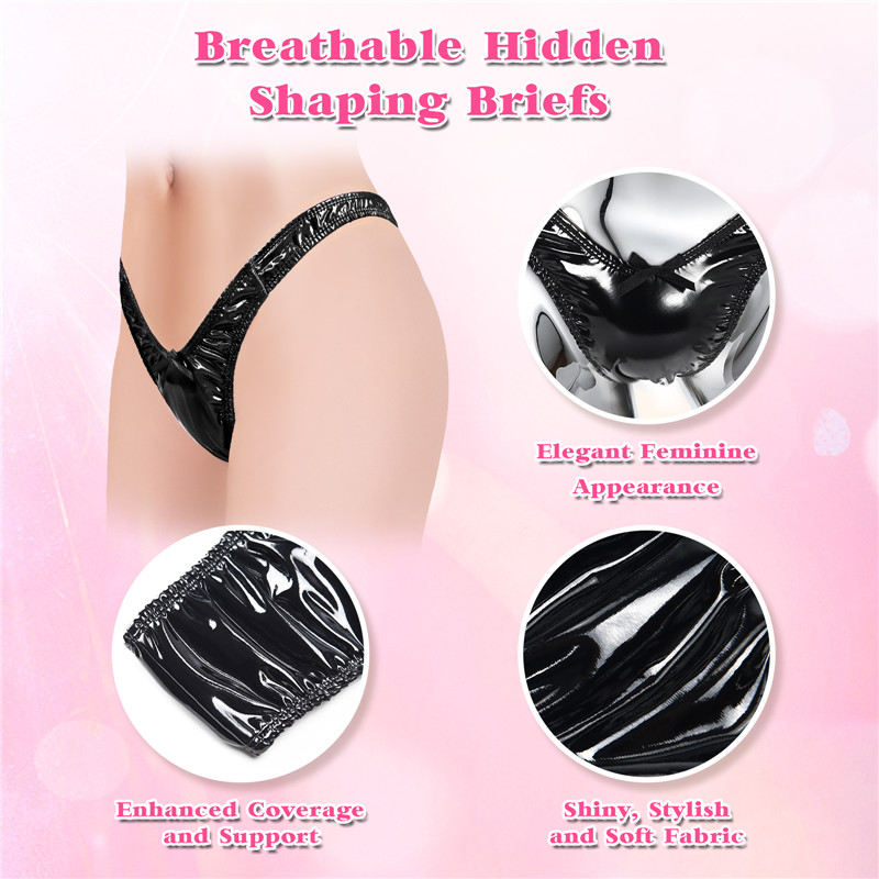 Little Secret Faux Leather Thong Tucking Gaff Panties Black