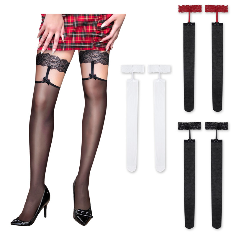 Lace Flowers Bow Over The Knee Silk Stockings 3 Pairs Set – Red & Black & White