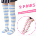 Coral Fleece Knee High Long Striped Socks 2 Pairs Set – Blue & Pink