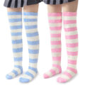 Coral Fleece Knee High Long Striped Socks 2 Pairs Set – Blue & Pink