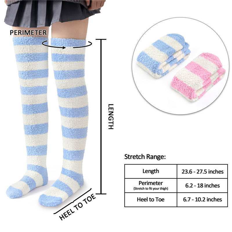 Coral Fleece Knee High Long Striped Socks 2 Pairs Set – Blue & Pink
