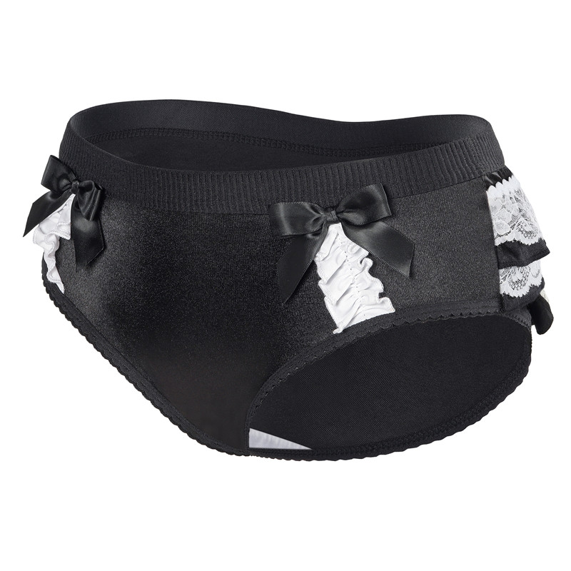 Pretty Satin Ruffled Lace Bow Panties Black