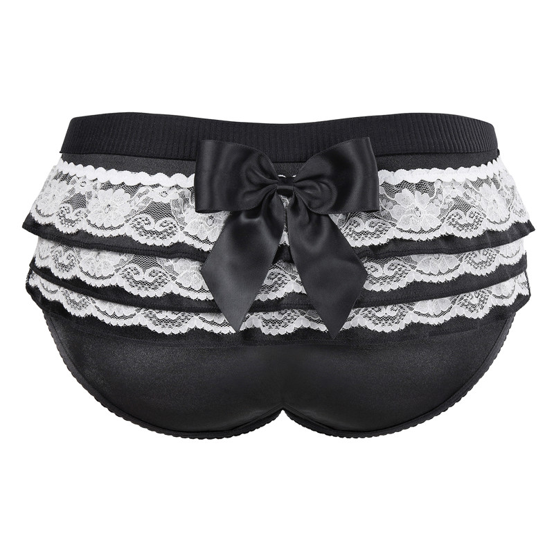 Pretty Satin Ruffled Lace Bow Panties Black