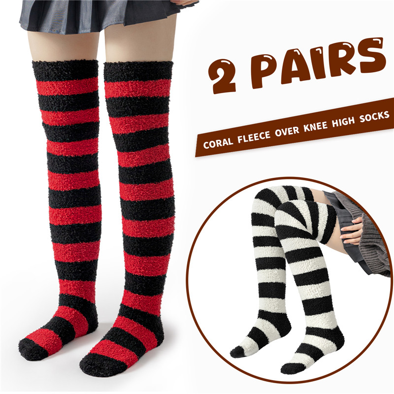 Coral Fleece Knee High Long Heart Pattern Socks 2 Pairs Set – Red & White