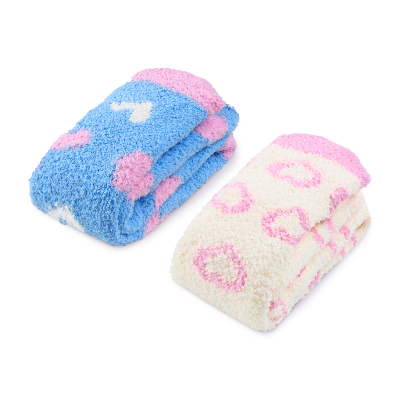 Coral Fleece Knee High Long Heart Pattern Socks 2 Pairs Set – Blue & White