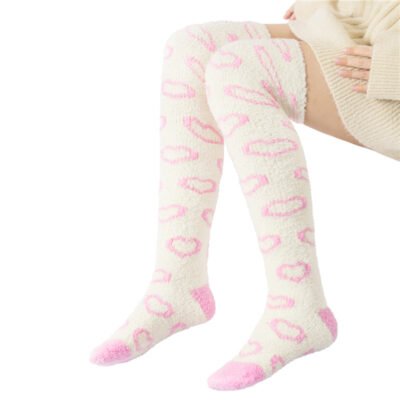Coral Fleece Knee High Long Heart Pattern Socks 2 Pairs Set – Blue & White