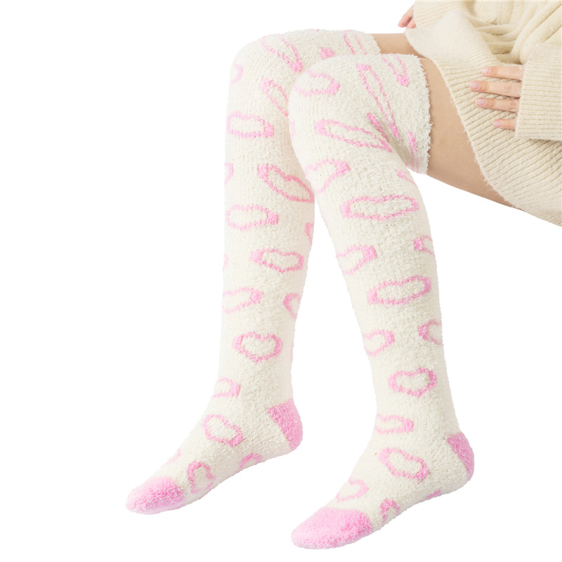 Coral Fleece Knee High Long Heart Pattern Socks 2 Pairs Set – Blue & White