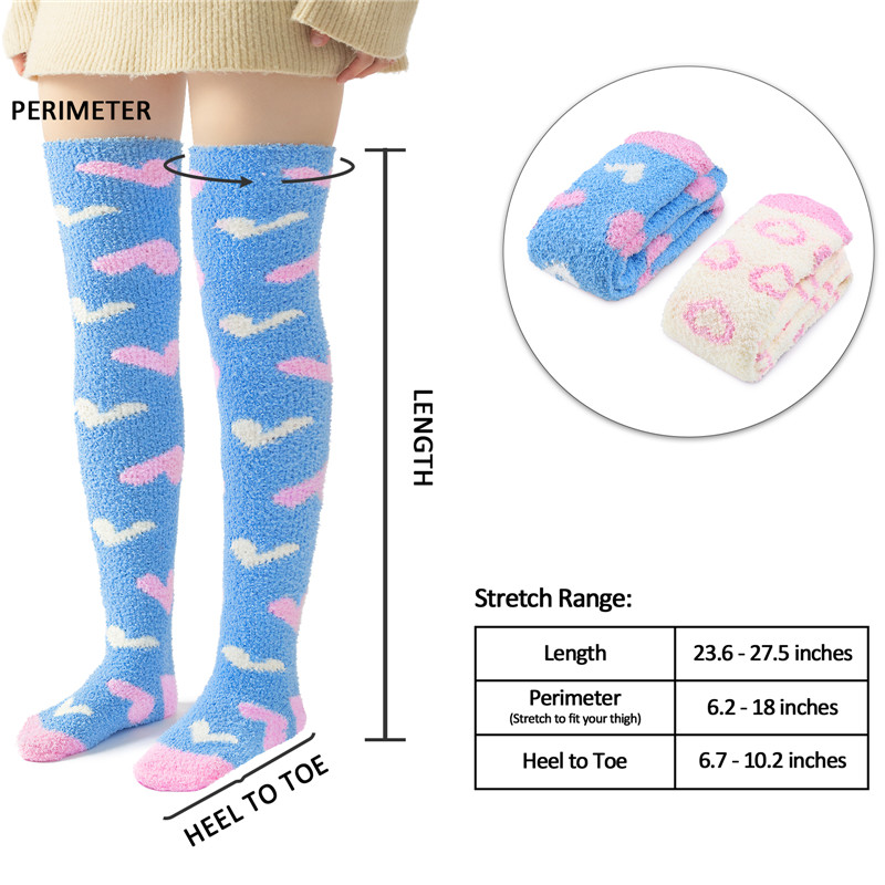 Coral Fleece Knee High Long Heart Pattern Socks 2 Pairs Set – Blue & White