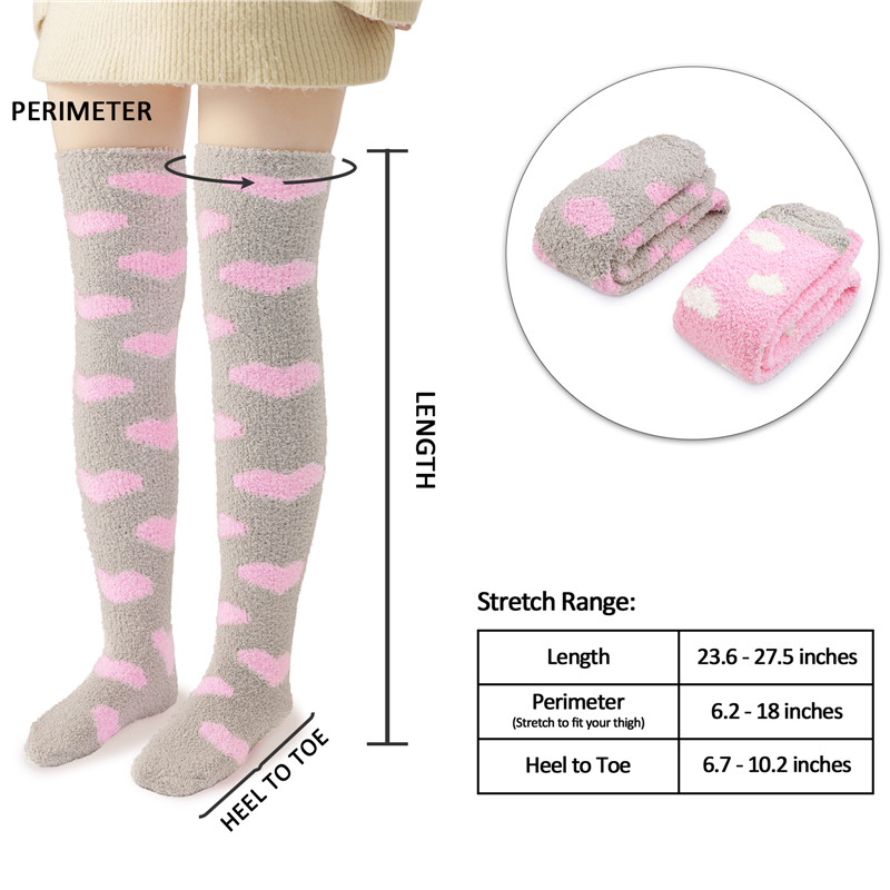 Coral Fleece Knee High Long Heart Pattern Socks 2 Pairs Set – Grey & White