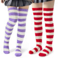 Coral Fleece Knee High Long Striped Socks 2 Pairs Set – Purple & Red
