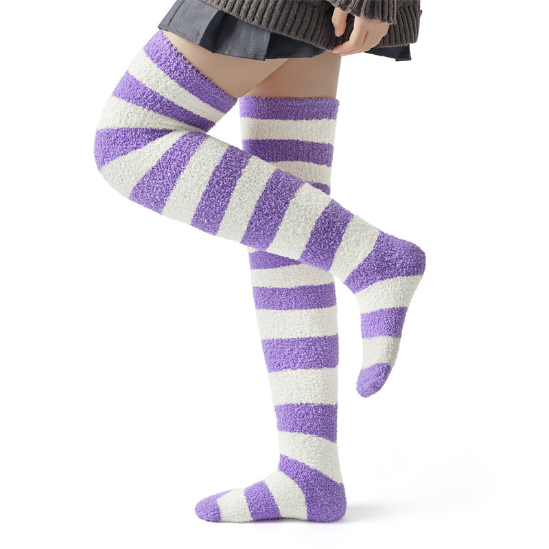 Coral Fleece Knee High Long Striped Socks 2 Pairs Set – Purple & Red