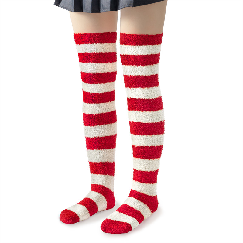 Coral Fleece Knee High Long Striped Socks 2 Pairs Set – Purple & Red