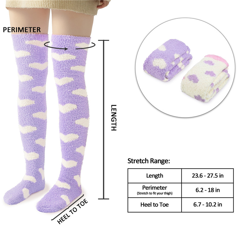 Coral Fleece Knee High Long Heart Pattern Socks 2 Pairs Set – Purple & White